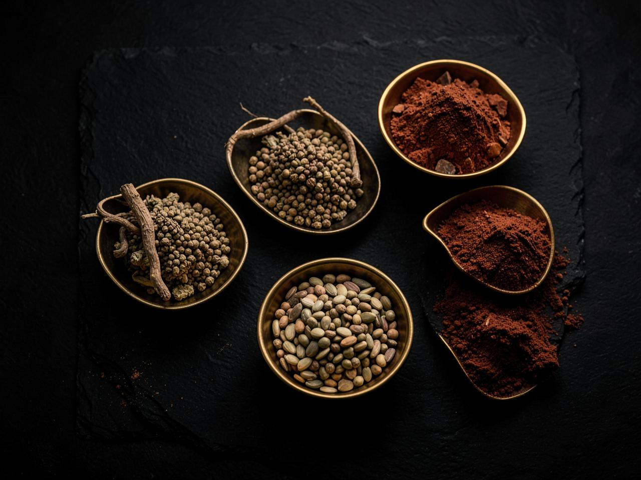 Natural botanical ingredients such as roots, seeds and powders used in men's vitality supplements