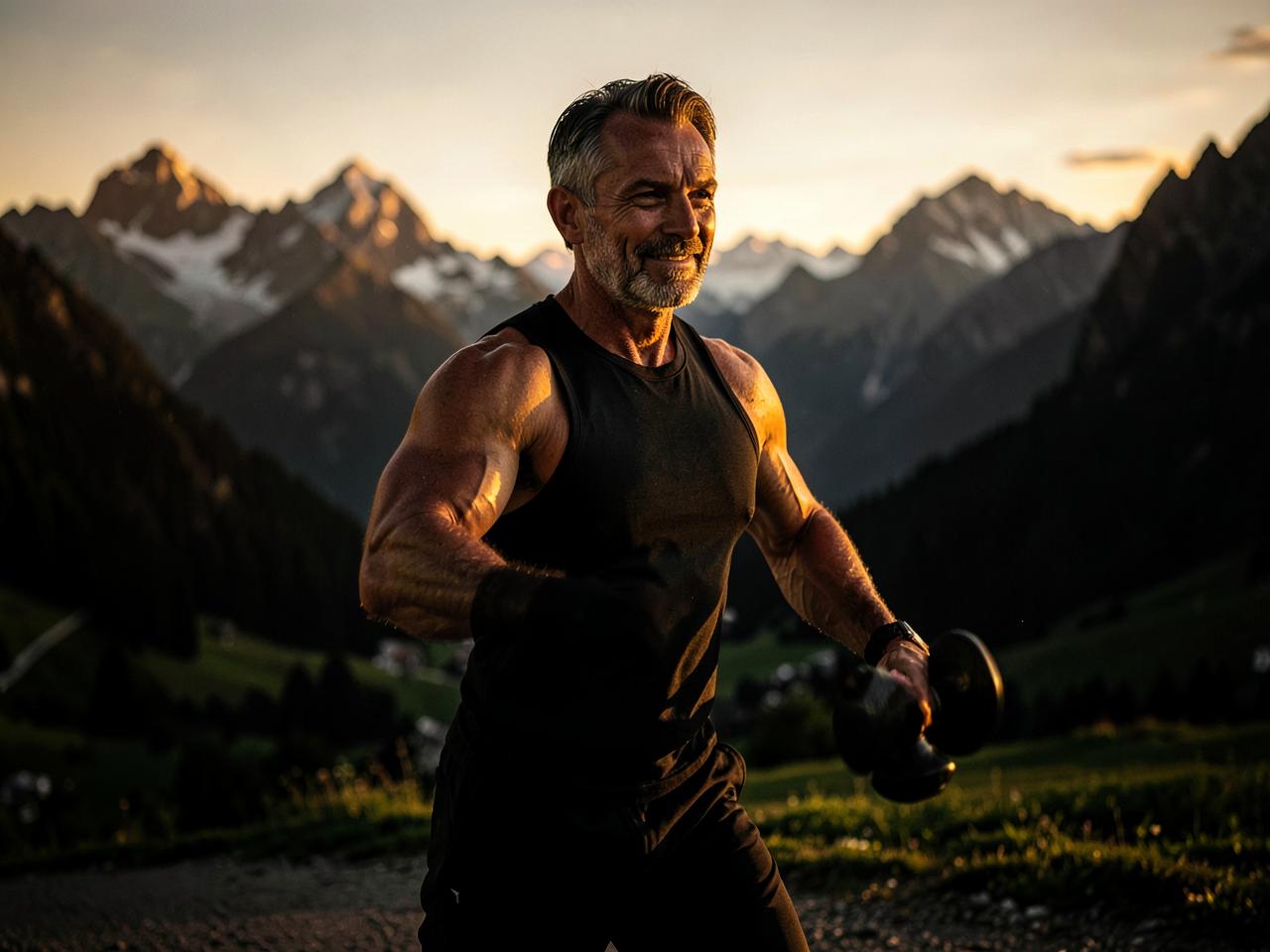 Man in his forties training outdoors in the Alps at sunrise, symbolising stamina and vitality
