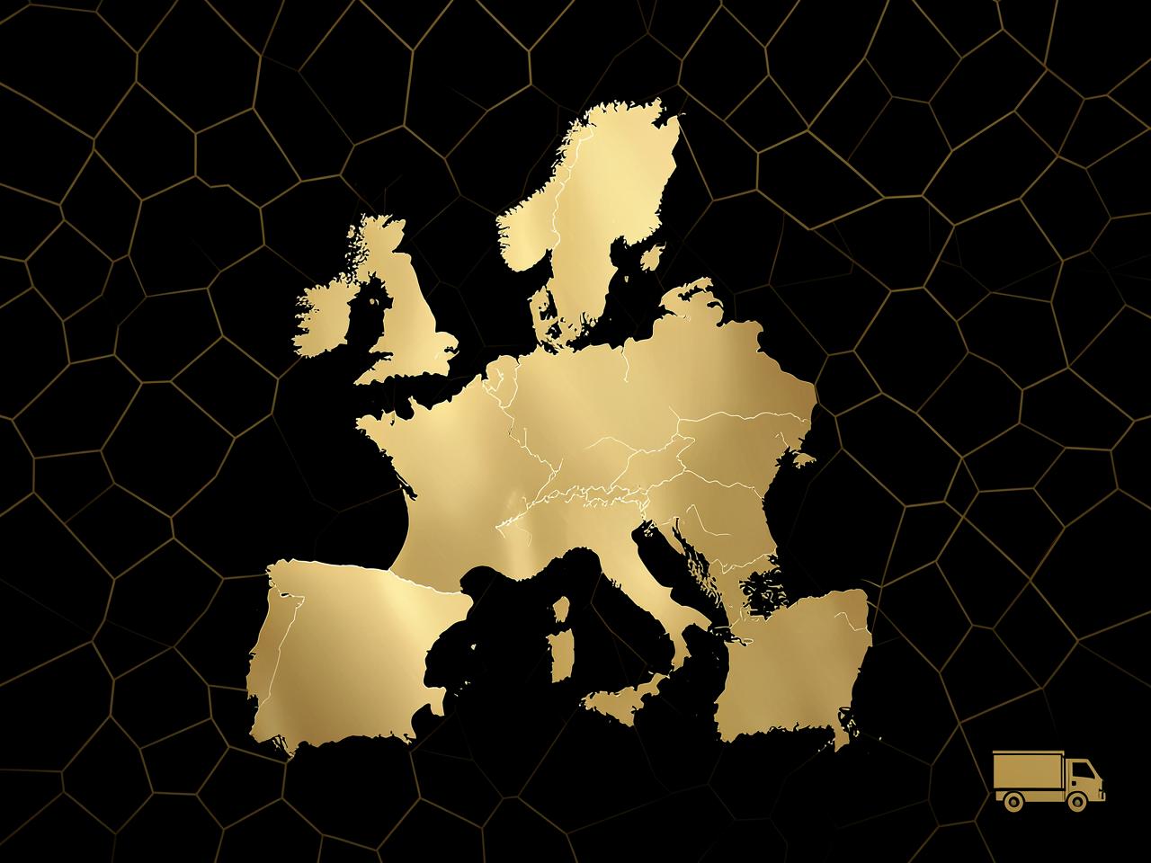 Gold map of Europe highlighting delivery to Germany, Austria and Sweden